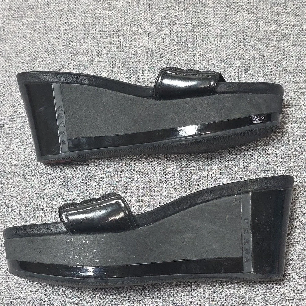 Prada Sport Authentic Solid Black Leather Platform Wedge Slides Sandals 36.5